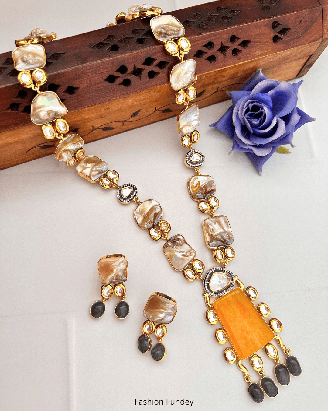 Mustard Yellow Grey Jheel Pearl Pendant