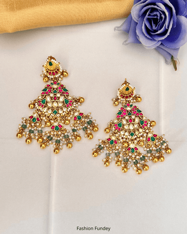 Red Green Suhana Panchi Kundan Chandbalis