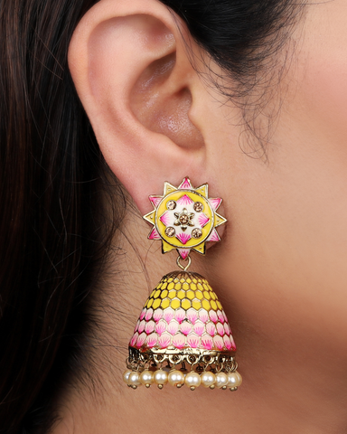 Pink-Yellow Ameya Jhumkis