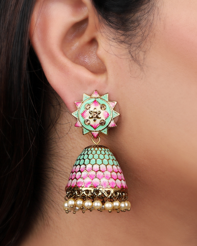 Pink-Green Ameya Jhumkis