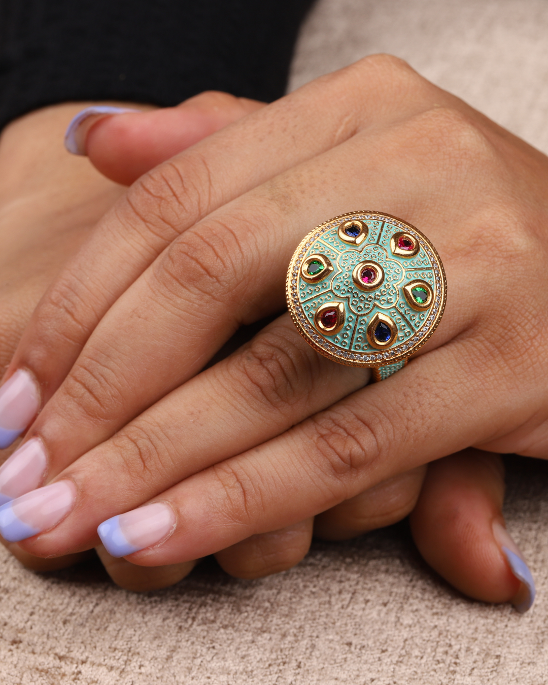 Mint Green Revolving Navratan Ring