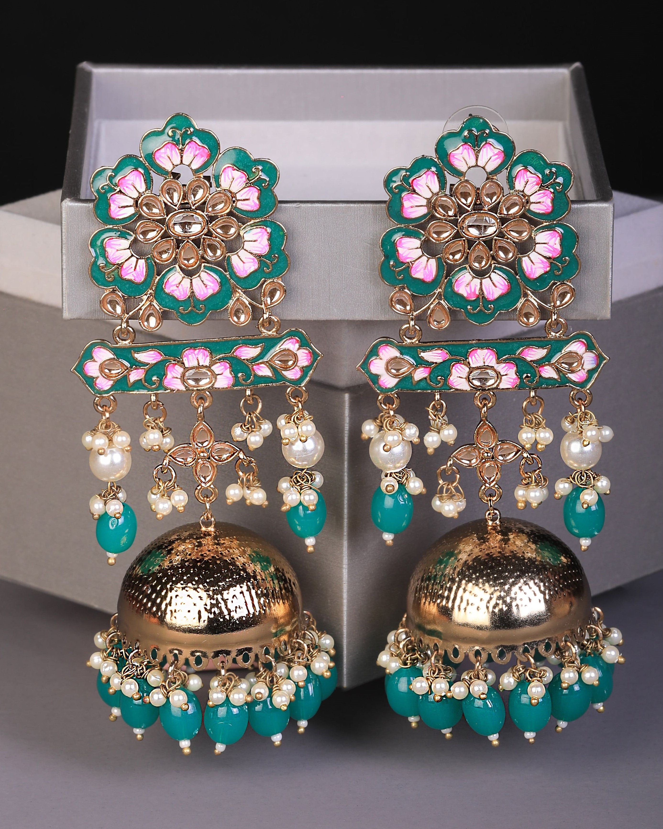 Alloy Green,Golden And White Dark Green Pearl Artificial Jhumka,  5inch(Length) at Rs 350/pair in Durg